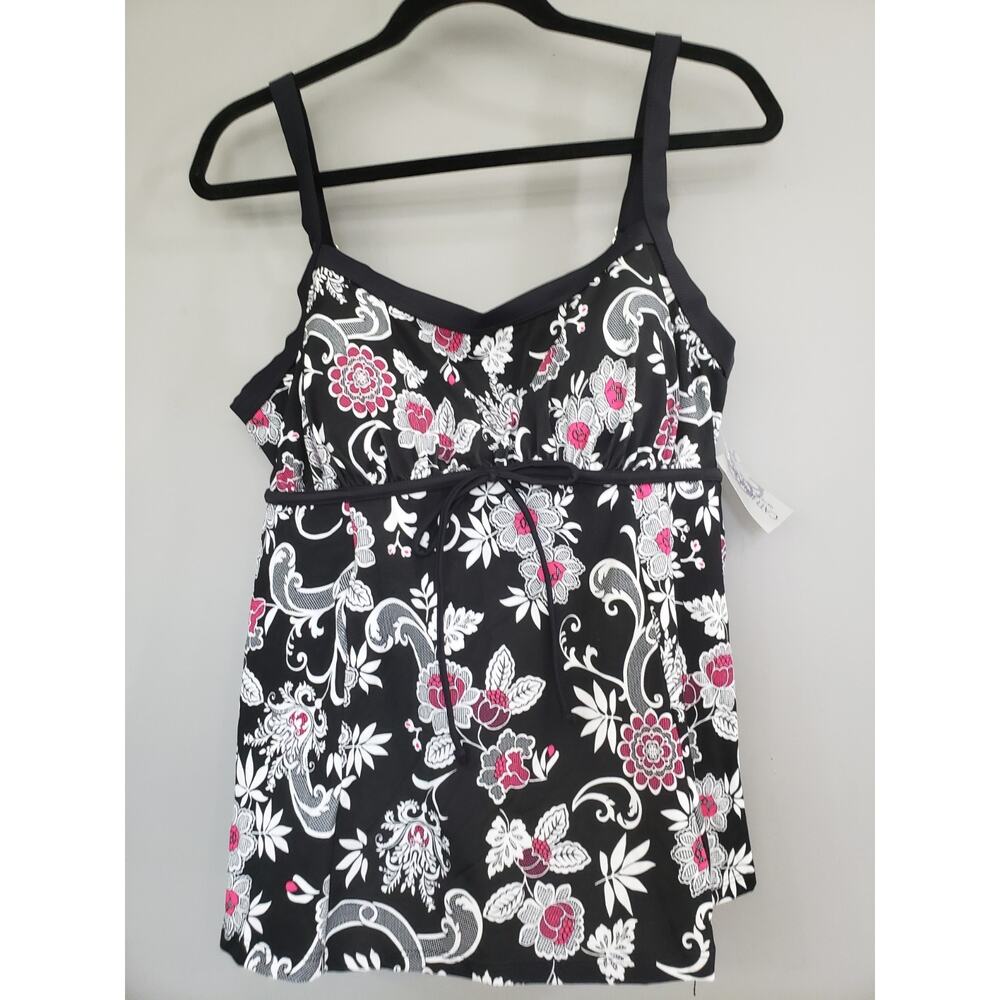 NEW Catherine's 16W Tankini Swim Top Shirt Tropical Plus Size Black Vacation